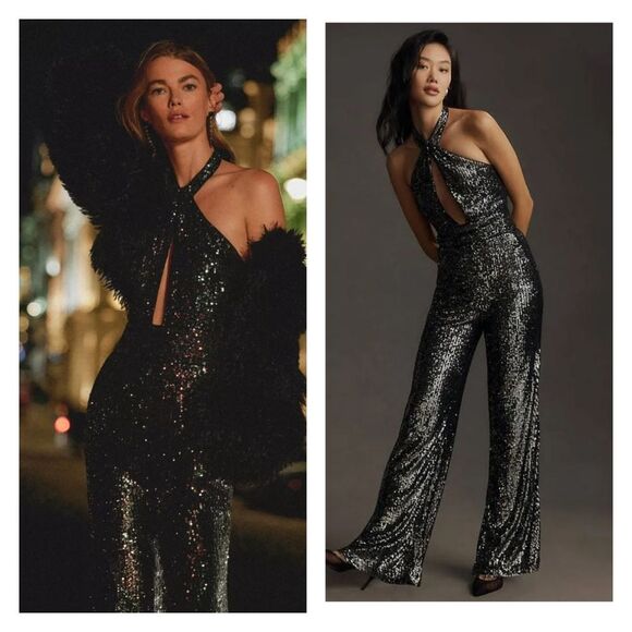 Maeve Sequin Halter Cutout Sexy Stretchy Jumpsuit Black Silver Women's Size 6 - Picture 2 of 16